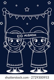 Eid-Mubarak-Feier: Lineare Darstellung von zwei Kindern, die ein festliches Banner mit Sternen und Dreiecken halten