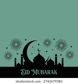 Eid Mubarak celebration with mosque and crescent moon vector illustration flat design