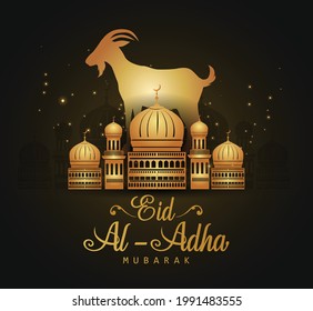 Eid Mubarak for the celebration of Muslim community festival Eid Al Adha. Greeting card with sacrificial sheep and mosque background. Vector illustration.