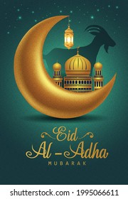 Eid Mubarak für die Feier der muslimischen Gemeinde Festival Eid Al Adha. Grußkarte mit opferhaften Schafen und Moschee-Hintergrund. Vektorgrafik.	