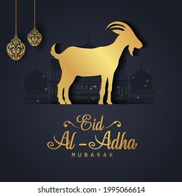 Eid Mubarak für die Feier der muslimischen Gemeinde Festival Eid Al Adha. Grußkarte mit opferhaften Schafen und Moschee-Hintergrund. Vektorgrafik-Design.	