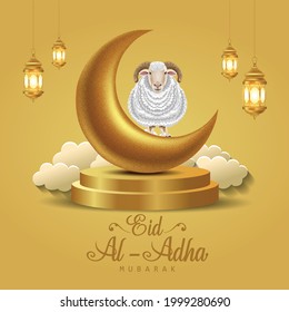 Eid Mubarak for the celebration of Muslim community festival Eid Al Adha. Greeting card with sacrificial sheep and moon background. Vector illustration design.	