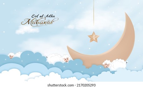 Eid Mubarak celebration of Muslim community festival Eid Al Adha Greeting card with sacrificial a ram,white and black sheep,crescent on cloudy background.Vector illustration Muslim holiday Eid Ul Adha