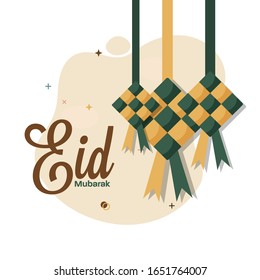 Eid Mubarak Celebration Poster Design with Hanging Ketupat.
