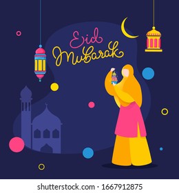 Diseño de afiche de la celebración de Eid Mubarak con una musulmana caricaturizada sosteniendo linterna y luna creciente en el fondo azul de la mezquita.