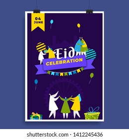 Eid Mubarak Celebration poster or flyer design with illustration of Islamic cartoon character enjoying Eid party on purple background.