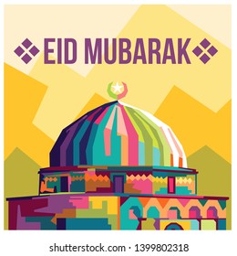 Eid Mubarak Celebration poster wih a pop art style mosque. Islamic festival day