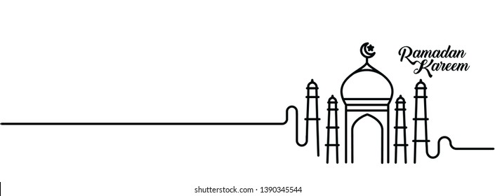 Eid Mubarak celebration - Ramadan Kareem text with Mosque. Vector illustration.
