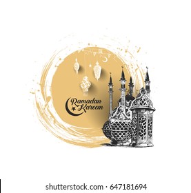 Eid Mubarak celebration- Ramadan Kareem text with mosque. Vector illustration.