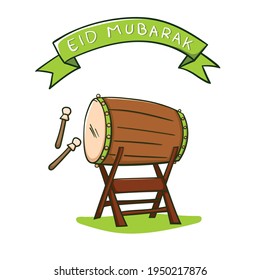 Eid Mubarak celebration with ribbon decoration and mosque drum beating at night doodle style vector design illustration