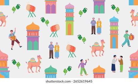 Eid Mubarak Celebration Ilustração de vetor de padrão contínuo isolado no fundo cinza. Elementos de desenhos animados para cartazes, estampas, papel de parede, papel de embrulho, têxteis, embalagem e desenhos