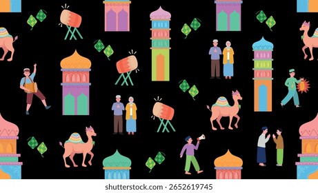 Eid Mubarak Celebration Seamless Pattern vector illustration isolated on black background. Cartoon elements for posters, prints, wallpaper, wrapping paper, textile, packaging and designs