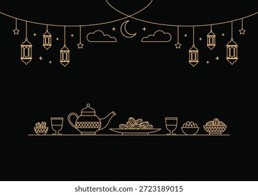 Escenario de celebración de Eid Mubarak con linternas, tetera e ilustración de comida