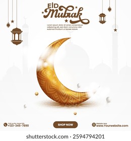 Eid mubarak celebration social media post card design with Ramadan lantern, half moon, star in an isolated background. Ramadan kareem banner design template vector. 3D Eid Mubarak islamic background. 
