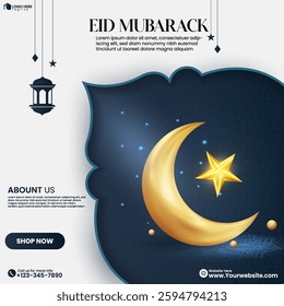 Eid mubarak celebration social media post card design with Ramadan lantern, half moon, star in an isolated background. Ramadan kareem banner design template vector. 3D Eid Mubarak islamic background. 