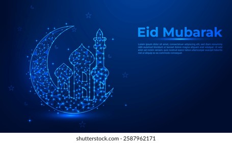 Eid Mubarak Celebration: A Stunning Low-Poly Digital Illustration of a Glowing Crescent Moon, Star, and Mosque on a Night Sky Background for Festive Greetings"
