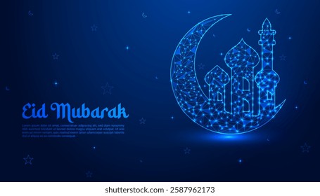 Eid Mubarak Celebration: A Stunning Low-Poly Digital Illustration of a Glowing Crescent Moon, Star, and Mosque on a Night Sky Background for Festive Greetings"
