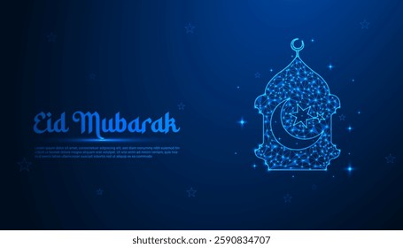 Eid Mubarak Celebration: A Stunning Low-Poly Digital Illustration of a Glowing Crescent Moon, Star, and Mosque on a Night Sky Background for Festive Greetings