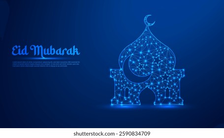 Eid Mubarak Celebration: A Stunning Low-Poly Digital Illustration of a Glowing Crescent Moon, Star, and Mosque on a Night Sky Background for Festive Greetings