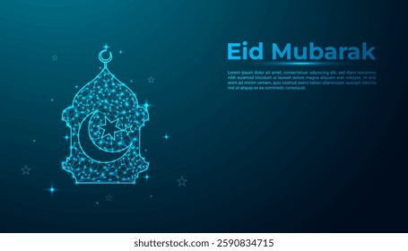 Eid Mubarak Celebration: A Stunning Low-Poly Digital Illustration of a Glowing Crescent Moon, Star, and Mosque on a Night Sky Background for Festive Greetings