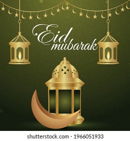 Eid mubarak celebration vector illustration golden lantern and moon