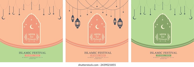 Eid Mubarak Celebration Vector Illustrations - Elegant Arched Entrances with Moons, Stars, and Lanterns in 3 Trendy Pastel Color Variations, Peach Fuzz trendy color of the year.