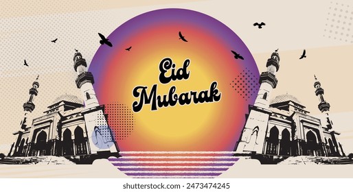 Eid Mubarak Celebration: Vibrant Mosque and Sunset Vector Illustration, Kurban bayram retro banner, eid al adha, eid al fitr, ramadan illustration