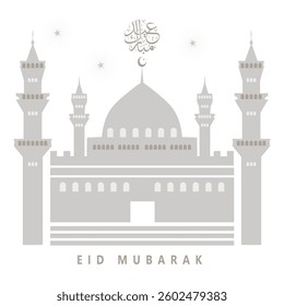 Eid Mubarak Celebration with Vibrant Mosque Illustration, Festive Calligraphy, and Serene Silhouette of Mosque under Crescent Moon and Star. Translation of arabic word: Blessed Feast or Festival.