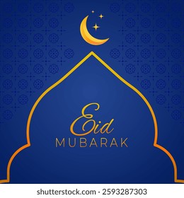 Eid Mubarak celebrative blue background. East, arabic decoration elemens. Mosque, moon, pattern. Vector illustration. Elegant, festive card, banner, template.