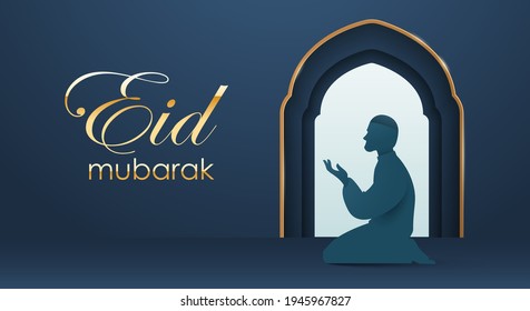 Eid Mubarak classic blue paper graphic of islamic festival background with Muslim prayer.