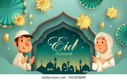 Eid Mubarak classic teal Islamic festival background with Muslim prayer at Mosque window and islamic decorations.