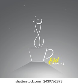 Eid Mubarak with a coffee cup and smoke. Moon and stars
