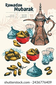 Eid Mubarak collection. Isolated hand drawn colorful unique Islamic symbols set. Great for creating your own Ramadan Mubarak, Eid-al-Fitr design. Arabic dishes, dates, coffee pots, water glasses. 