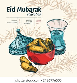 Eid Mubarak collection. Isolated hand drawn colorful unique Islamic symbols set. Great for creating your own Ramadan Mubarak, Eid-al-Fitr design. Arabic dishes, dates, palm branches, water glass