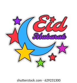 Eid Mubarak Colorful Greeting Illustration with Crescent and Stars. Vector design isolated on white