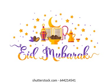 Eid Mubarak colorful hand lettering with Koran book, dates, traditional lantern, crescent and stars. Vector illustration.