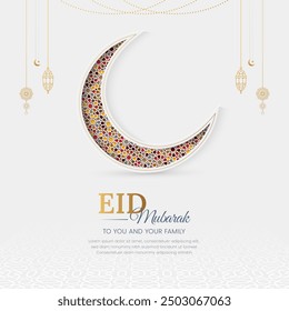 Eid Mubarak colorida tarjeta de felicitación islámica publicación en redes sociales con patrón arabeque y adornos