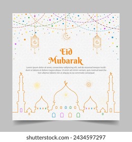 Eid Mubarak farbenfroher luxuriöser islamischer Hintergrund mit dekorativem Ornament, Eid Mubarak Social Media Post Design. Ramadan mit Lentern-Design Hintergrund. Mond, Moschee