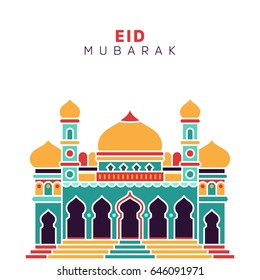Eid mubarak colorful mosque vector line illustration