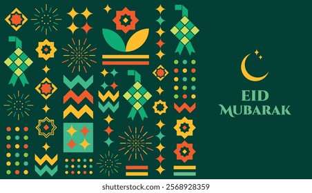 Eid Mubarak colourful geometric pattern poster with moon, ketupat, fireworks, islamic art ornament for greeting card, banner, wallpaper. Suitable for Raya and Ramadan template concept.