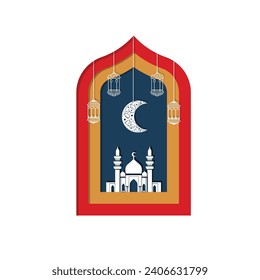 Eid MubaraK Composition with Arches, moon, lanterns and mosque in paper cutting style