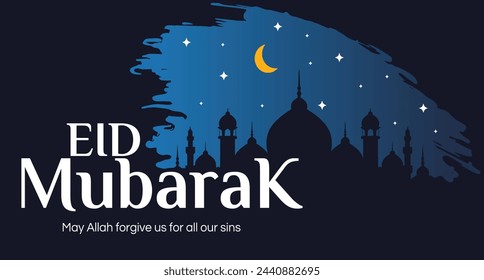 eid mubarak Composition of a blue sky with crescent moon decor hanging above with stars. eid night, Concept of faith and belief. Translation Eid mubarak vector illustration.