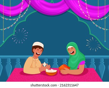 Eid Mubarak Concept With Cheerful Islamic Young Boy And Girl Eating Sweets On Blue Fireworks Background.
