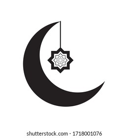 concepto eid mubarak, luna creciente y estrella islámica colgando sobre fondo blanco, estilo de línea, ilustración vectorial