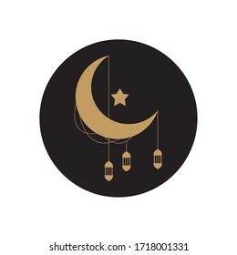 eid mubarak concept, crescent moon with decorative lanters hanging over white background, block style, vector illustration