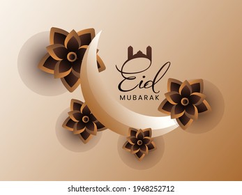 Eid Mubarak Concept With Crescent Moon And Floral Decorated On Glossy Pastel Brown Background.