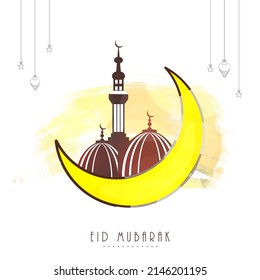 Eid Mubarak Concept With Crescent Moon, Mosque, Stars, Lanterns Hang And Yellow Brush Effect On White Background.