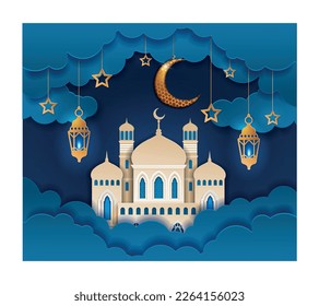 Eid Mubarak concept. Golden crescent in night sky above eastern buildings and lamps. Traditional holiday and festival. Religion and Allah, Islam and Arabic culture. Realistic vector illustration