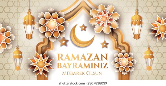 Eid Mubarak concept. Ramazan Bayramiz Mubaruk Olsun. Crescent and stars with lamps, gold lantern in paper cut style. Traditional islamic holiday or festival. Faith and belief. Vector illustration