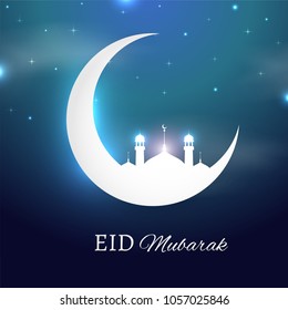 Eid Mubarak concept with shiny crescent moon and mosque, blue night background.